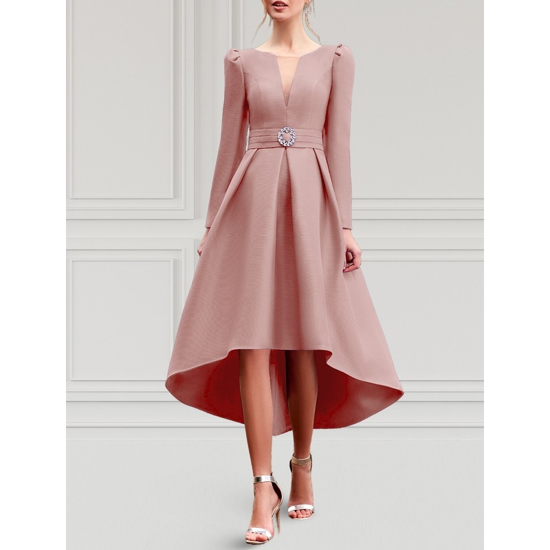 A-Line Cocktail Dresses Elegant Dress Formal Wedding Guest Asymmetrical Long Sleeve Jewel Neck Belt / Sash Taffeta with Pleats
