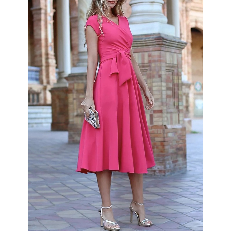 A-Line Cocktail Dresses Empire Dress Formal Wedding Guest Tea Length Short Sleeve V Neck  Chiffon with Sash / Ribbon Pure Color