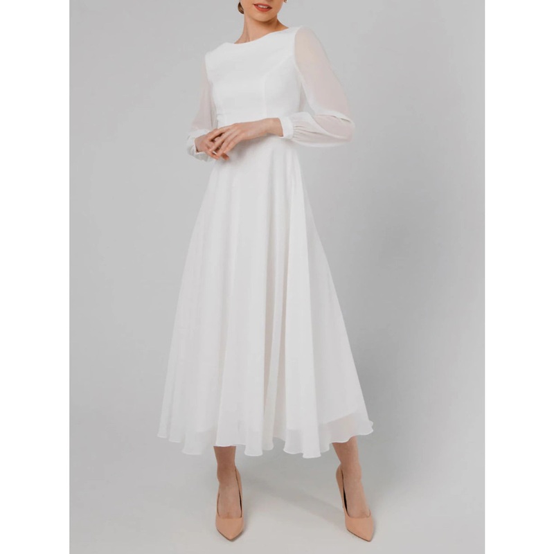 A-Line Cocktail Dresses Little White Dresses Dress Wedding Reception Tea Length Long Sleeve Jewel Neck Fall Wedding Guest Cotton V Back with Ruffles Pure Color