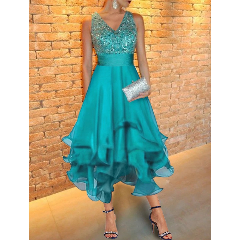 A-Line Cocktail Dresses Maxi Dress Homecoming Cocktail Party Tea Length Sleeveless Sweetheart Chiffon V Back with Rhinestone Glitter Beading