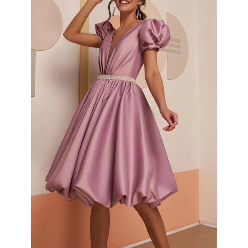 A-Line Cocktail Dresses Party Dress Wedding Birthday Knee Length Short Sleeve V Neck Satin with Pleats Sequin