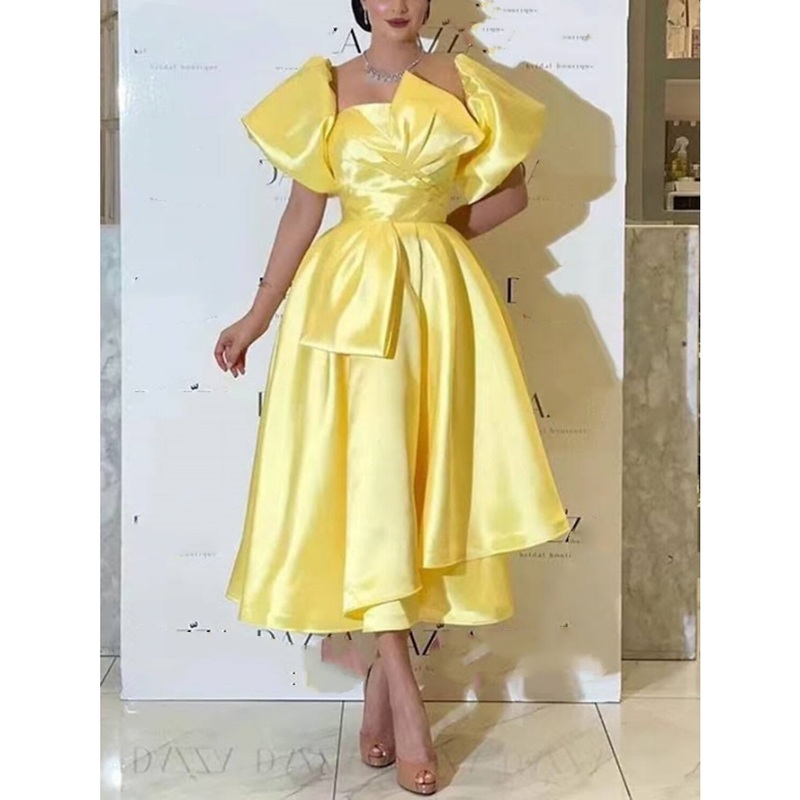 A-Line Cocktail Dresses Vintage Dress Formal Wedding Guest Tea Length Short Sleeve Square Neck Satin with Pleats Butterfly