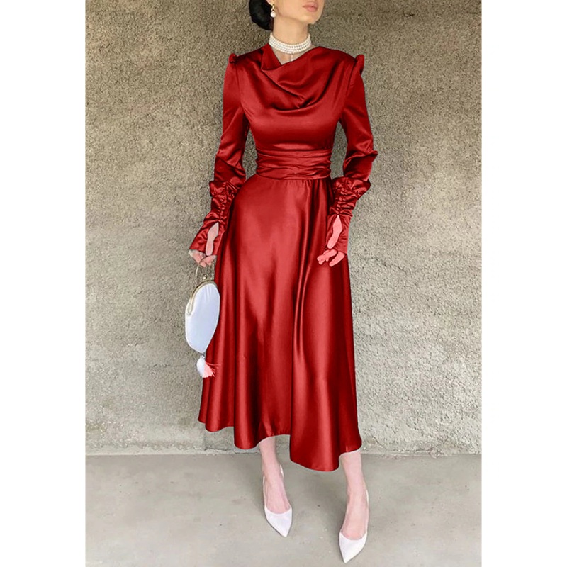 A-Line Cocktail Dress Christmas Red Green Dresses Elegant Dress Wedding Guest Fall Tea Length Long Sleeve Cowl Neck Bridesmaid Dress Red Green Dress Satin with Ruched