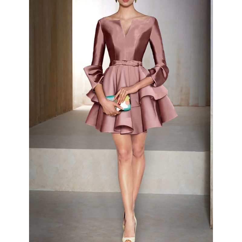A-Line Cocktail Dresses Party Dress Formal Fall Short / Mini Long Sleeve V Neck Satin with Ruffles