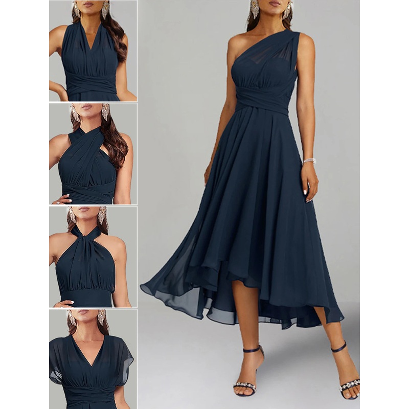 A-Line Blue Wedding Guest Dresses Convertible Infinity Mother Dress Formal Tea Length Sleeveless One Shoulder Chiffon with Ruched
