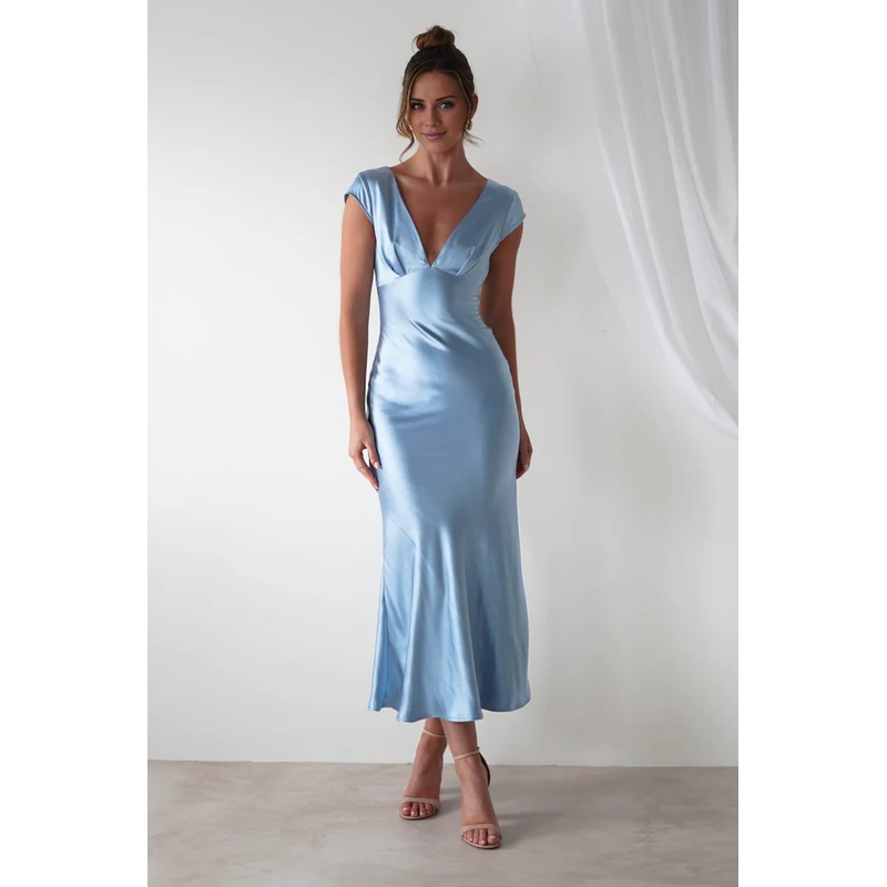 V-neck short sleeved satin long Prom dress - Jimiss Dress