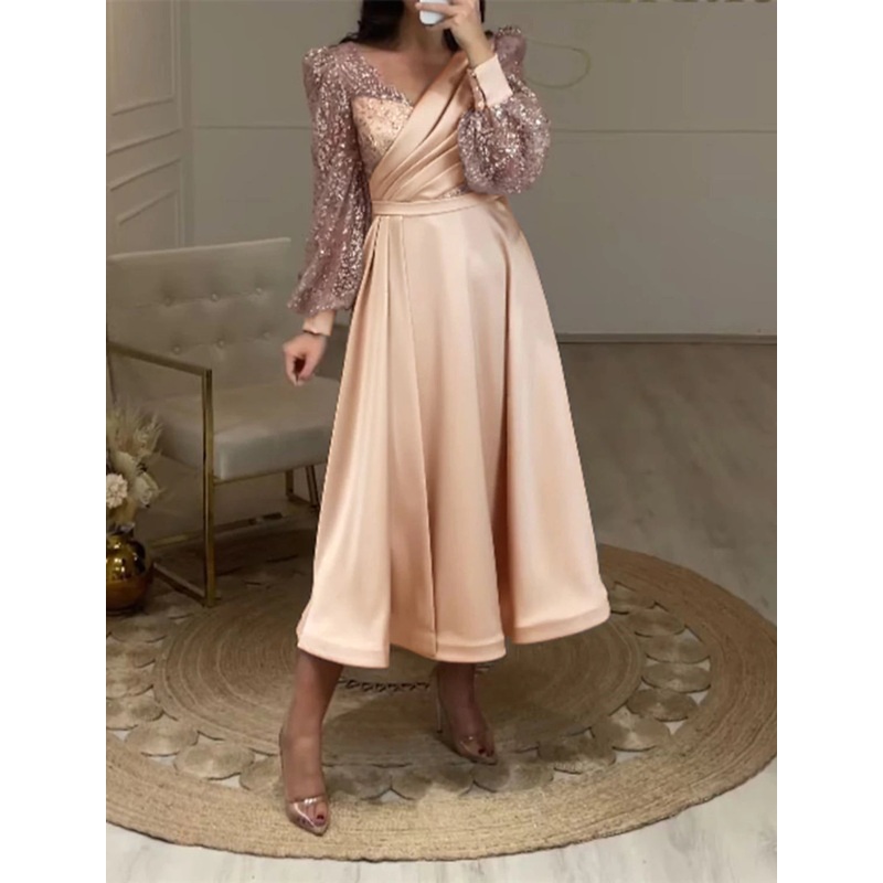 A-Line Cocktail Dresses Elegant Dress Party Wear Wedding Guest Tea Length Long Sleeve V Neck Fall Wedding Guest Satin with Ruched