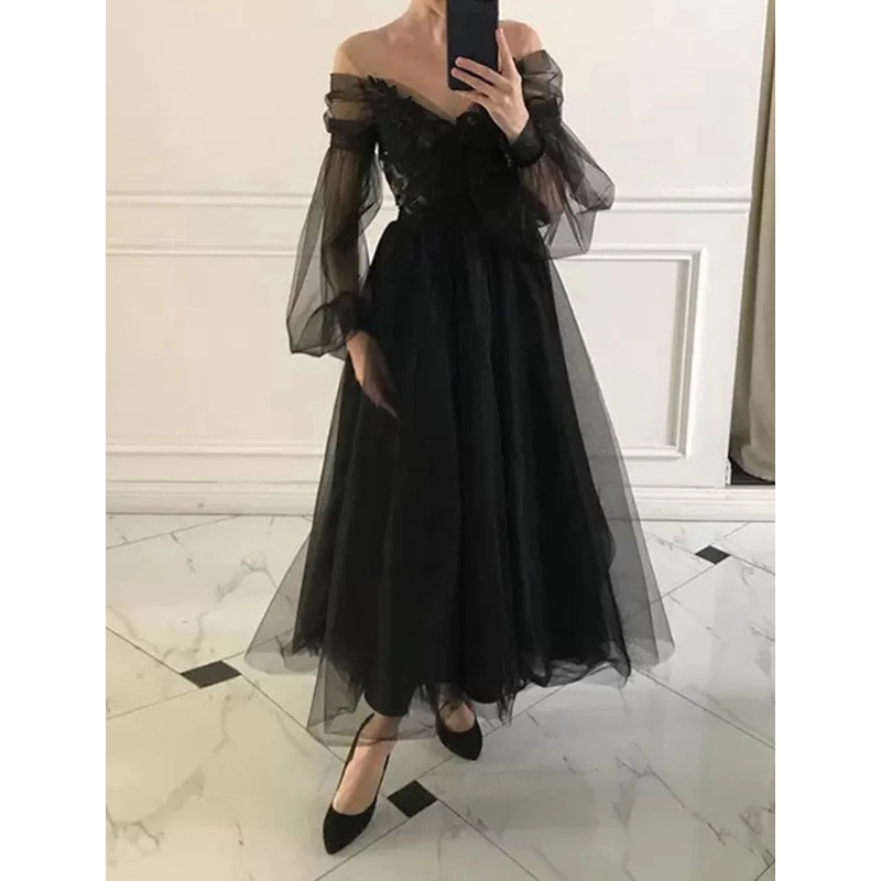 A-Line Cocktail Black Dress Vintage Dress Prom Wedding Party Ankle Length Long Sleeve V Neck Tulle with Beading Appliques