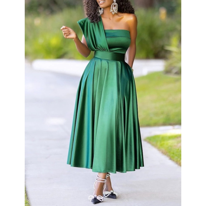 A-Line Cocktail Dresses Elegant Dress Wedding Guest Party Wear Ankle Length Sleeveless One Shoulder Charmeuse with Pleats