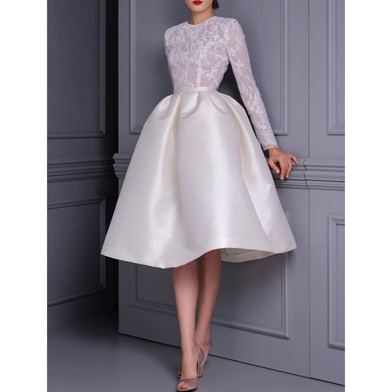 A-Line Cocktail Dresses Elegant Dress Wedding Party Birthday Knee Length Long Sleeve Jewel Neck Fall Wedding Guest Satin with Appliques Splicing