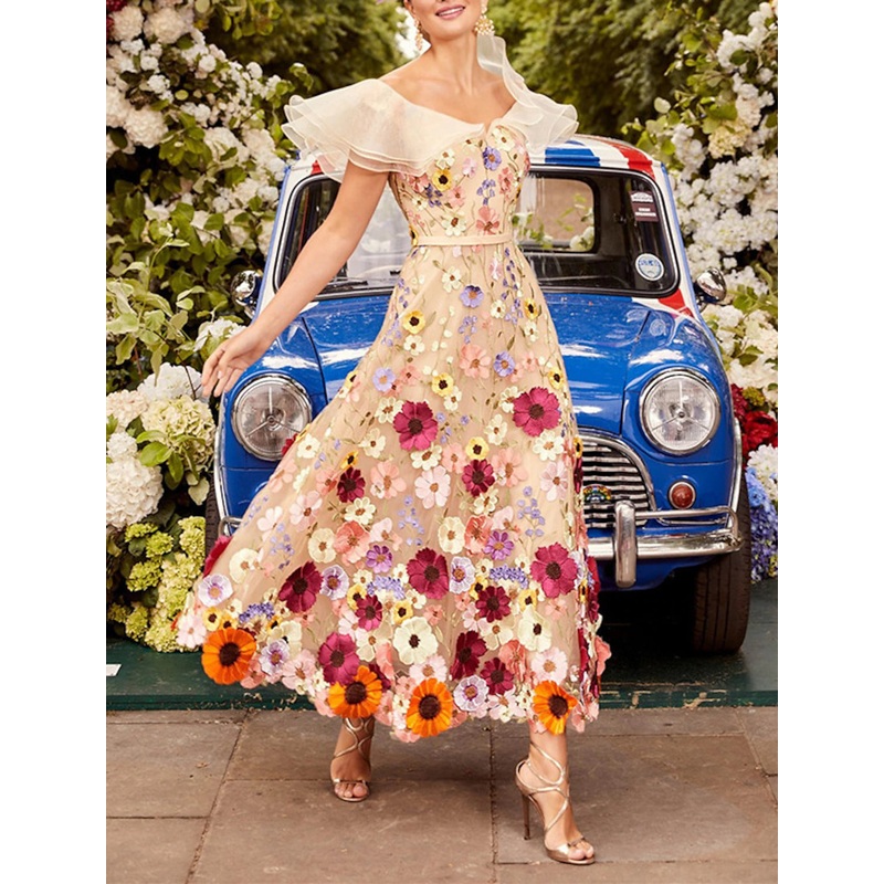 A-Line Cocktail Dresses Floral Kentucky Derby Dress Party Wear Ankle Length Sleeveless V Neck Lace with Ruffles Appliques