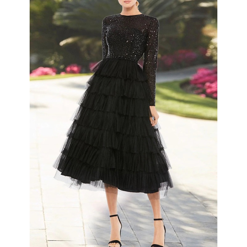 A-Line Cocktail Dresses Elegant Dress Wedding Guest Party Wear Tea Length Long Sleeve Jewel Neck Fall Wedding Guest Tulle with Sequin Tiered