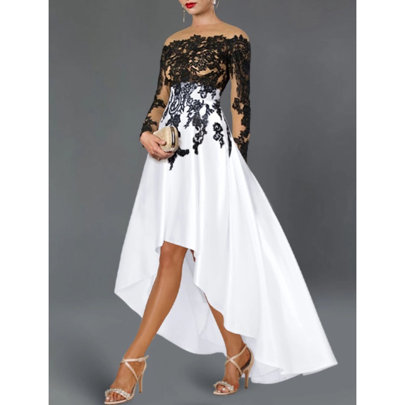 A-Line Cocktail Dresses Elegant Dress Wedding Party Semi Formal Asymmetrical Long Sleeve Off Shoulder Fall Wedding Guest Satin with Beading Embroidery Appliques