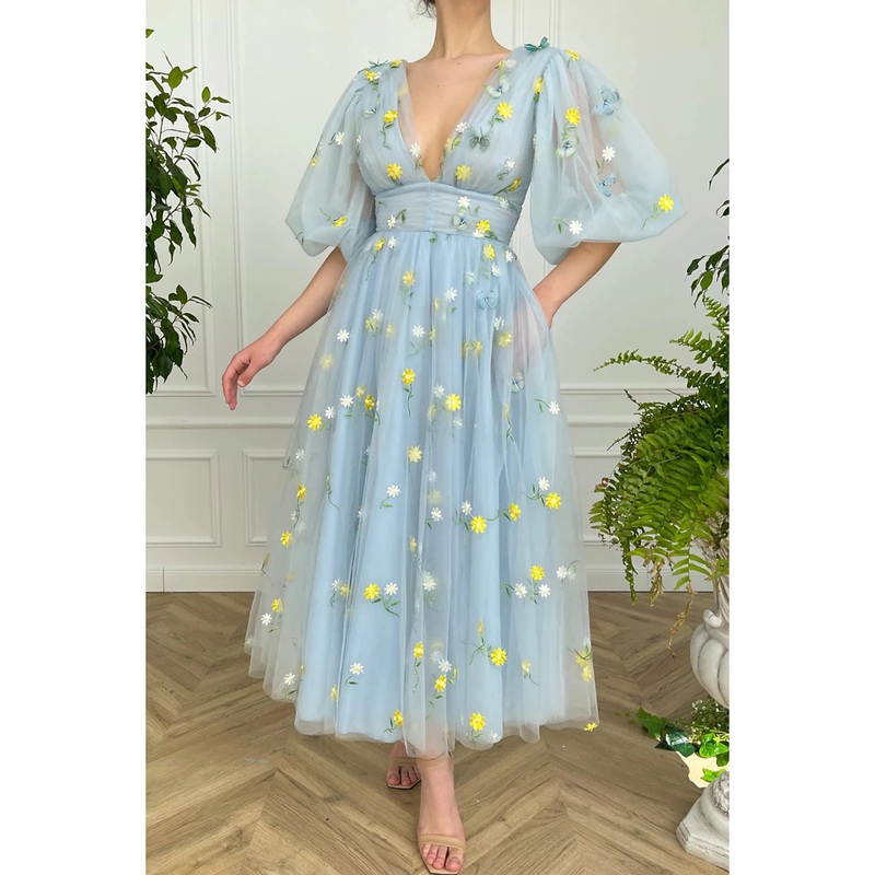 A-Line Cocktail Dresses Floral Dress Wedding Guest Summer Ankle Length Half Sleeve V Neck Lace Backless with Pleats