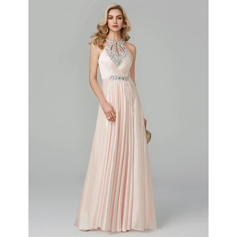 A-Line Black Dress Party Wear Wedding Guest Floor Length Sleeveless Halter Neck Silk Backless with Crystals Sequin