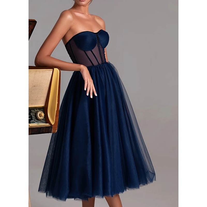 A-Line Cocktail Black Dress Party Dress Cocktail Party Prom Tea Length Sleeveless Sweetheart Fall Wedding Guest Tulle with Pleats