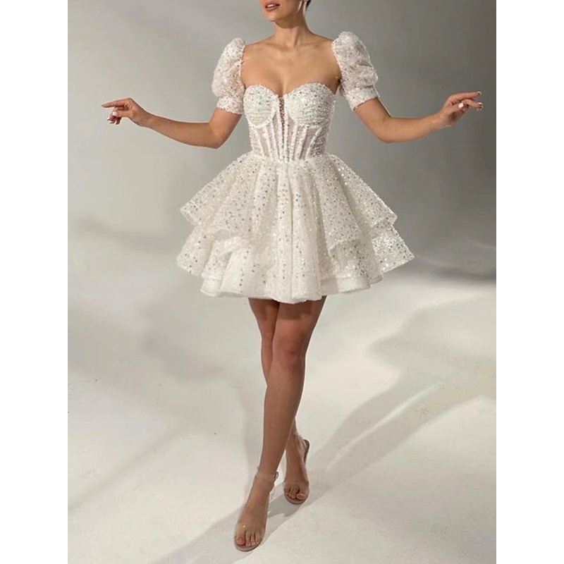 A-Line Cocktail Dresses Corsets Dress Wedding Guest Birthday Short / Mini Short Sleeve Square Neck Sequined with Pearls Sequin