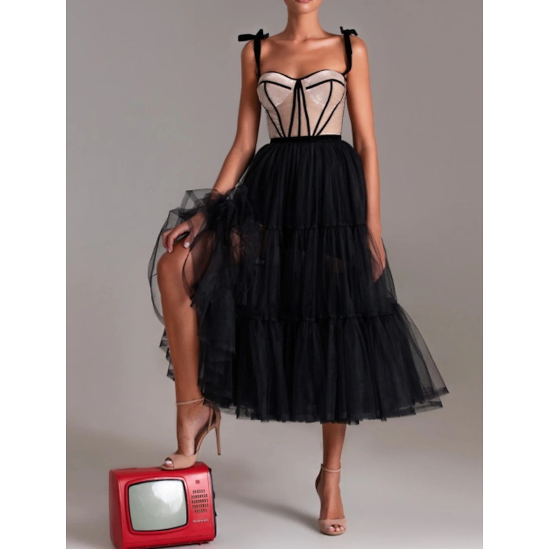 A-Line Cocktail Dresses Party Dress Wedding Guest Cocktail Party Tea Length Sleeveless Sweetheart Wednesday Addams Family Tulle with Pleats Tiered