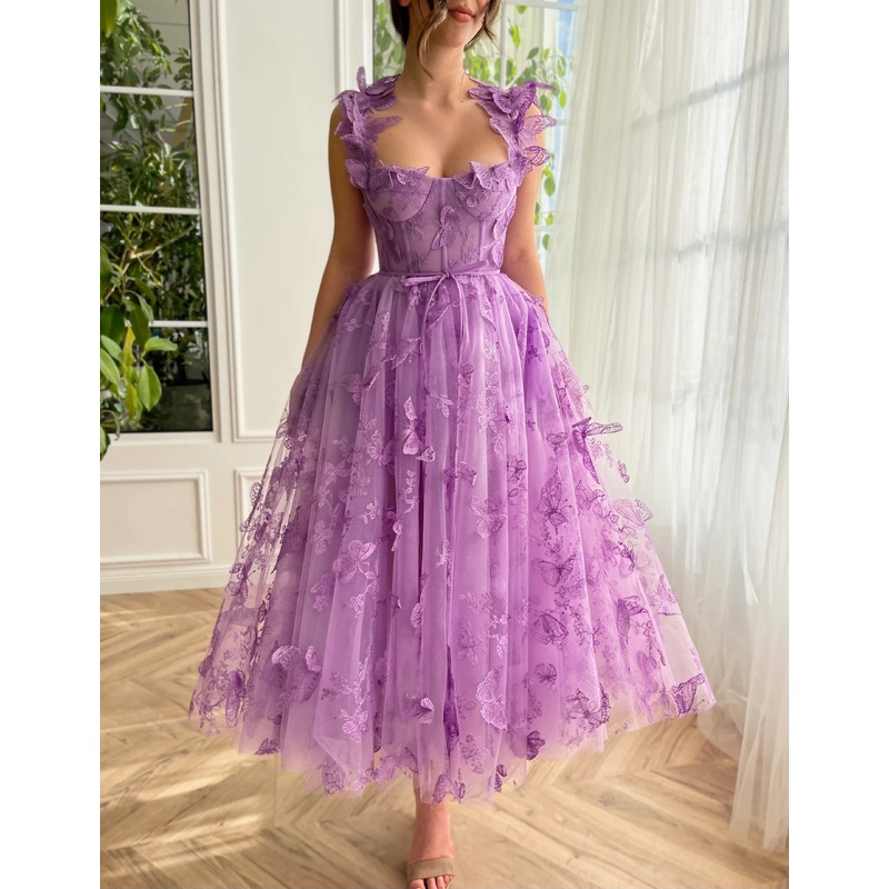3D Butterfly Lace Appliques Prom Dresses for Women Tulle Wedding Guest Dress Long Formal Ball Gown