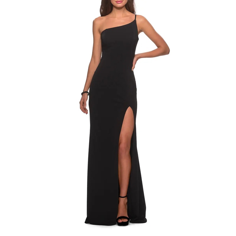 A noble one shoulder off the shoulder and floor length open back prom dress