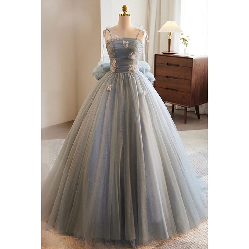 Unique and beautiful gray sticker sleeveless off the shoulder ball dress, gray A-line princess sheer thin shoulder strap, backless tie bow and ground length prom dress