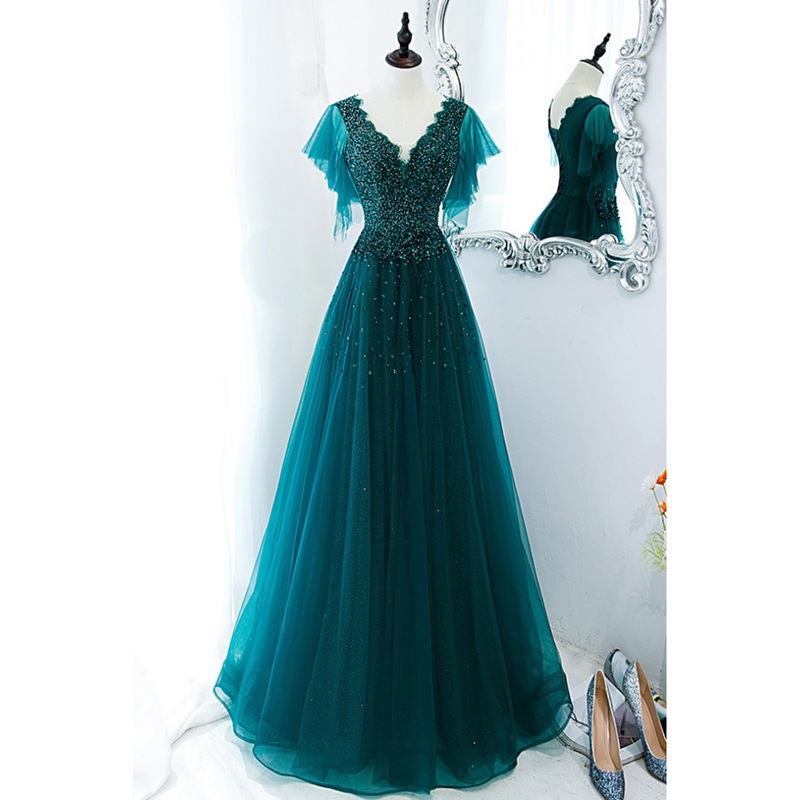 Unique and elegant dark green short sleeved beaded rhinestone ball dress dark green A-shaped V-neck with backless straps sheer and floor length prom dress