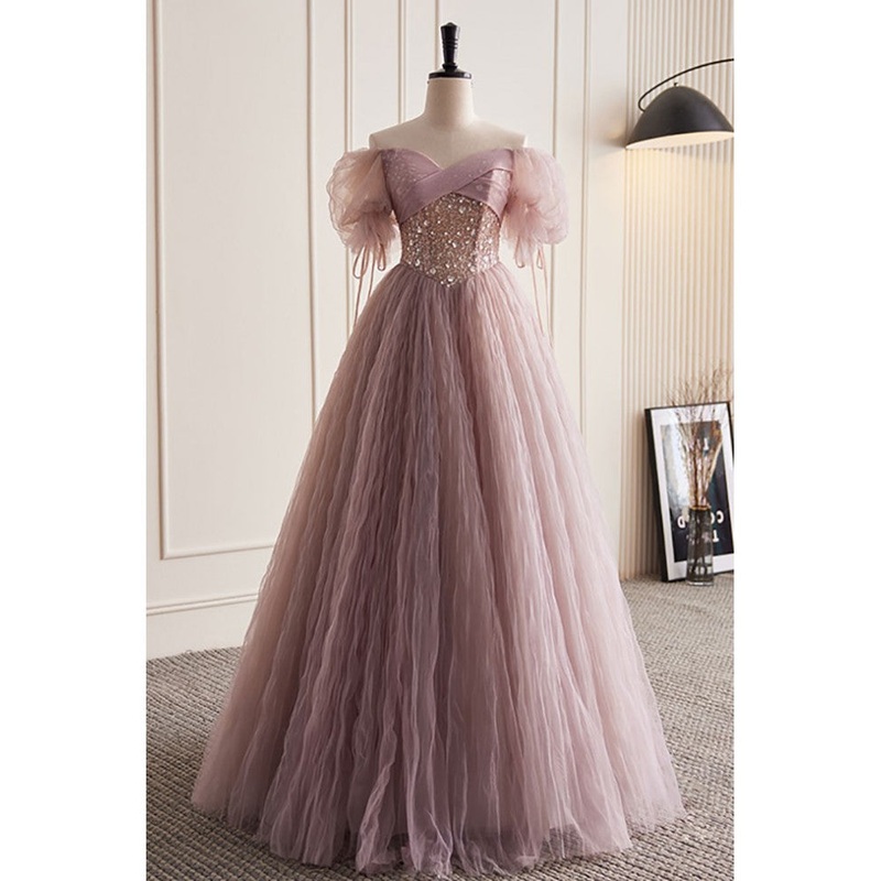 Unique and elegant dark pink sequin off the shoulder short sleeved ball dress dark pink A-line princess glitter beaded backless and ground length prom dress