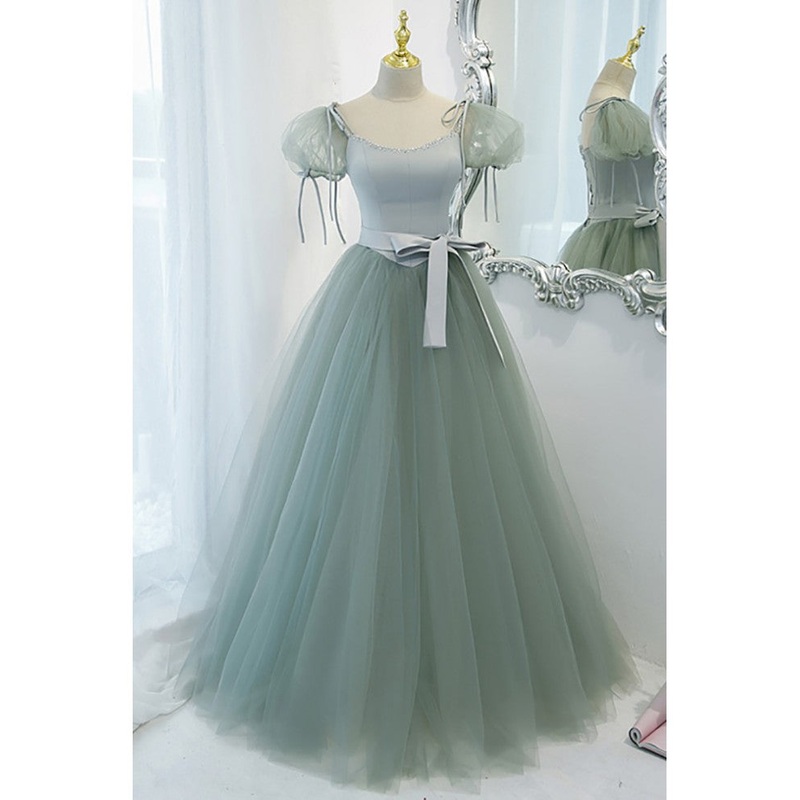Unique and elegant mint green square neck fluffy short sleeved ball dress with mint green backless strap bow belt and floor length prom dress