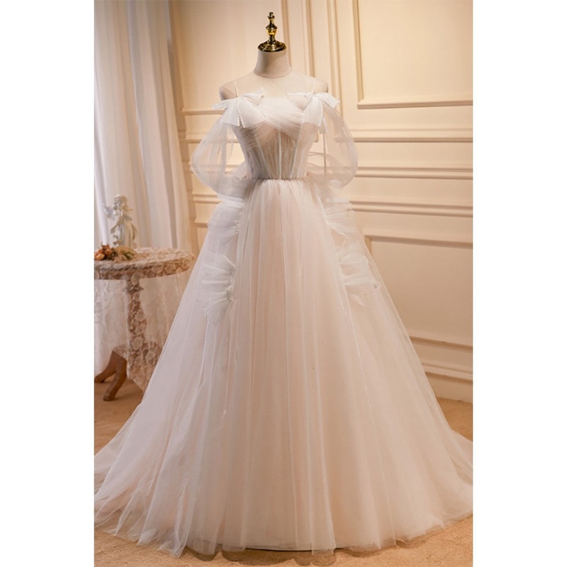Unique and Noble Ivory Sleeveless Off Shoulder Ball Dress Ivory sheer thin shoulder strap with backless strap prom dress