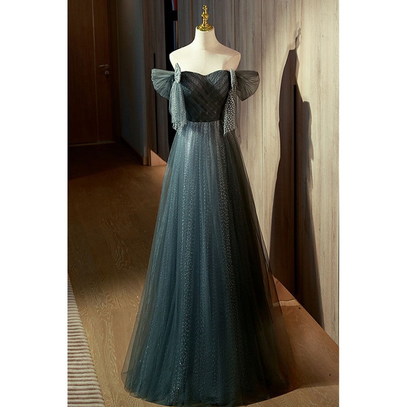 Unique Ink Blue Spotted Off Shoulder Short Sleeve Sequin Ball Dress Ink Blue A-line Off Back Tie Bow and Floor Length Prom Dress