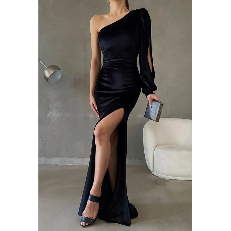 Unique and modern one shoulder long sleeved prom dress