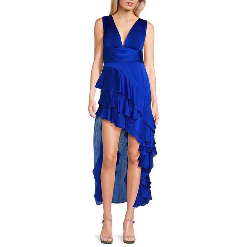 V-neck asymmetrical ruffled edge for evening dressing