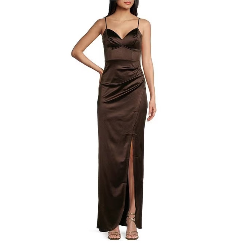 V-neck pleated side slit tight fitting corset prom dress