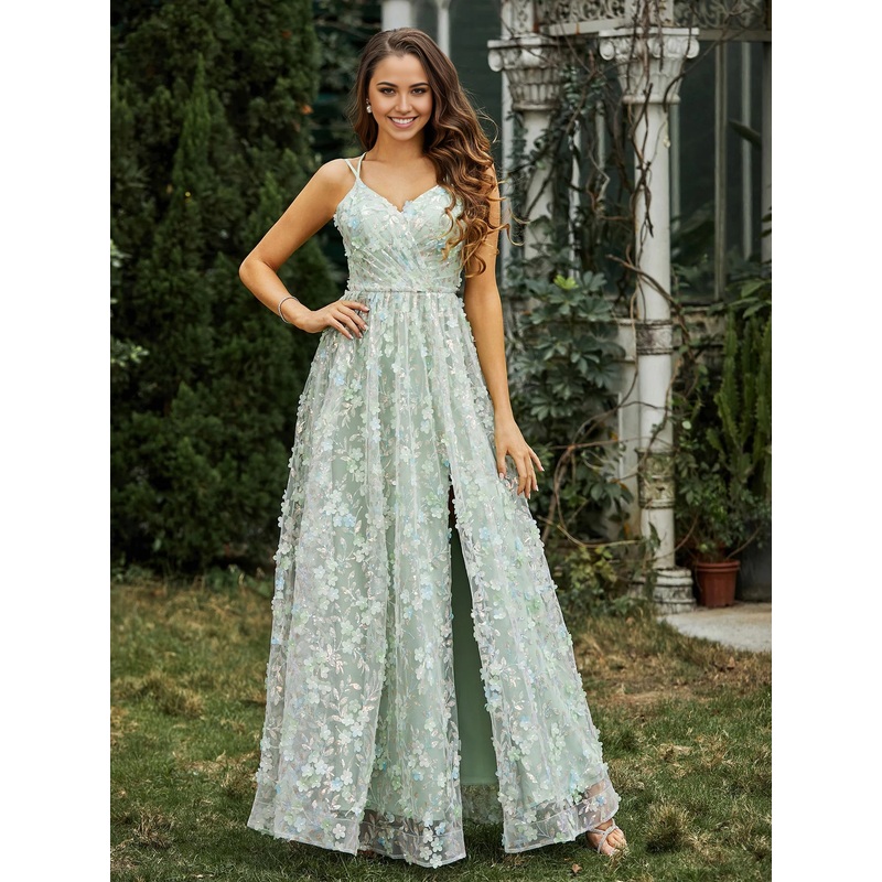 V-neck decal flower slit Prom dress