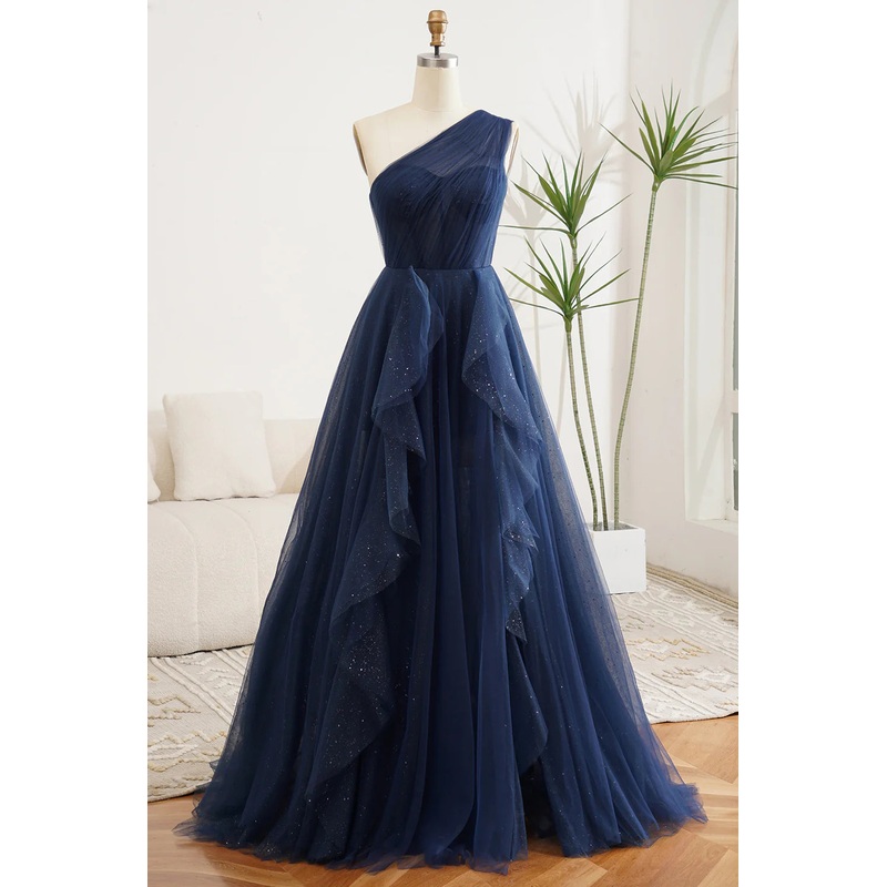 A Line Navy Blue One Shoulder Chiffon Long Ball Dress