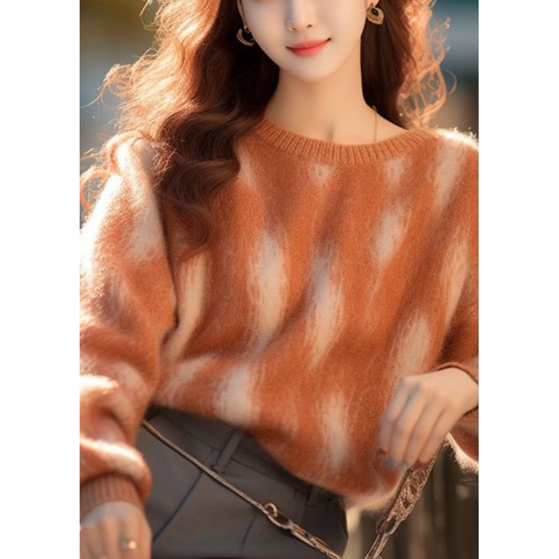 Beautiful Orange O Neck Patchwork Cotton Knit Top Fall