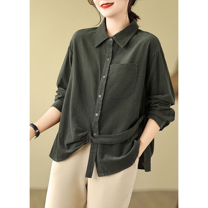 Black Asymmetrical Patchwork Button Corduroy Top Fall