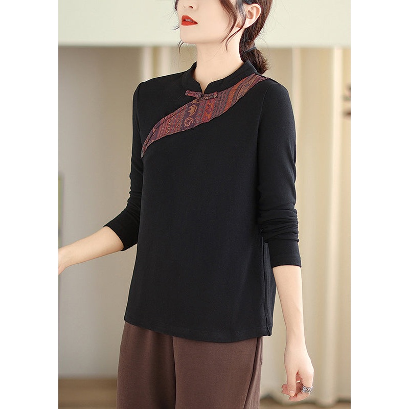 Black Chinese Button Patchwork Cotton Blouses Stand Collar Fall
