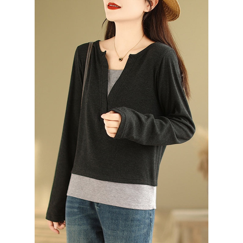 Black Patchwork Versatile  Cotton T Shirts V Neck False Two Pieces Fall