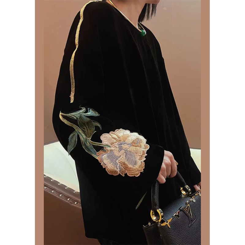 Bohemian Vintage Black Embroideried Patchwork Velour Tops Fall