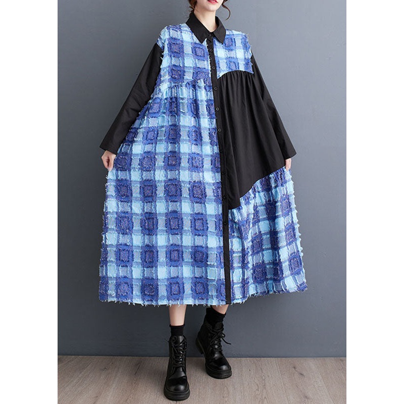 Boho Blue Asymmetrical Tulle Patchwork Button Maxi Shirts Dress Fall