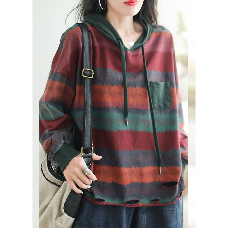 Casual Red Drawstring Striped Hole Hooded Sweatshirt Long Sleeve