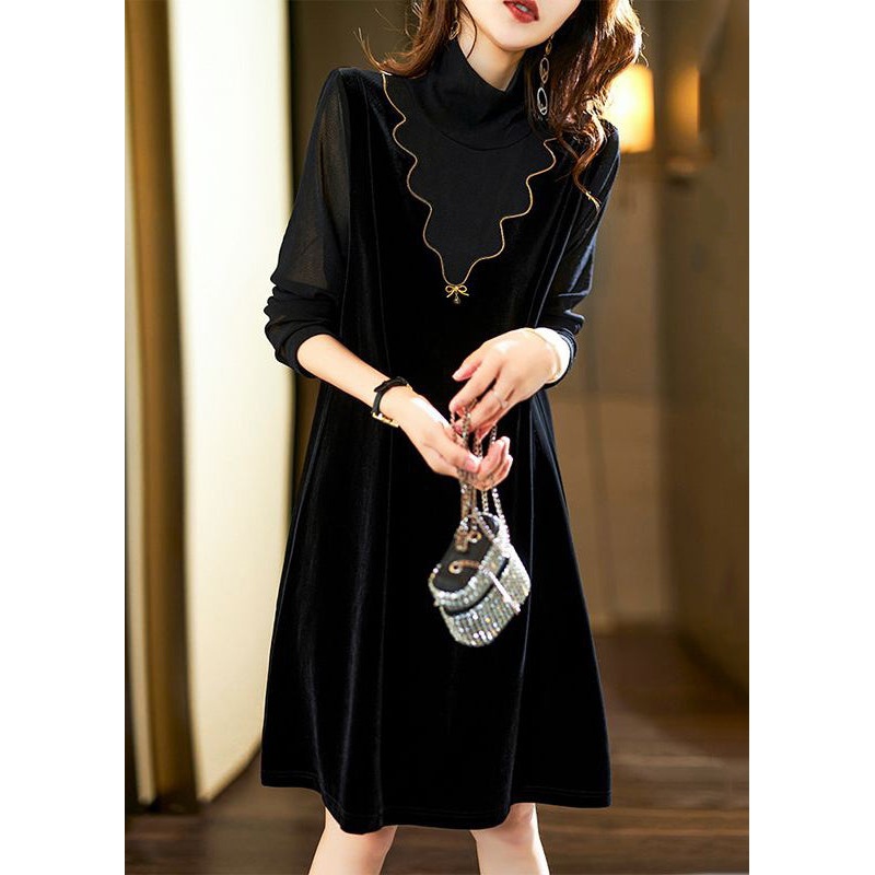 Classy Black Nail Bead Patchwork False Two Pieces Silk Velour Dress Spring