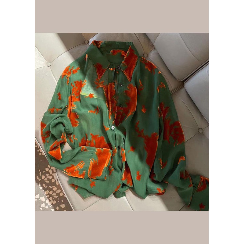 Classy Green Peter Pan Collar Jacquard Patchwork Silk Shirts Fall