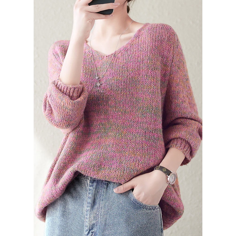 Classy Pink V Neck Cozy Knitted Cotton Sweaters Long Sleeve