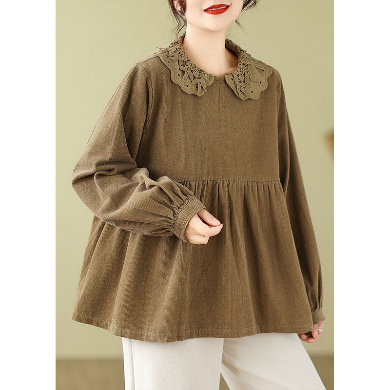 Cute Khaki Lace Patchwork Wrinkled Tops Long Sleeve