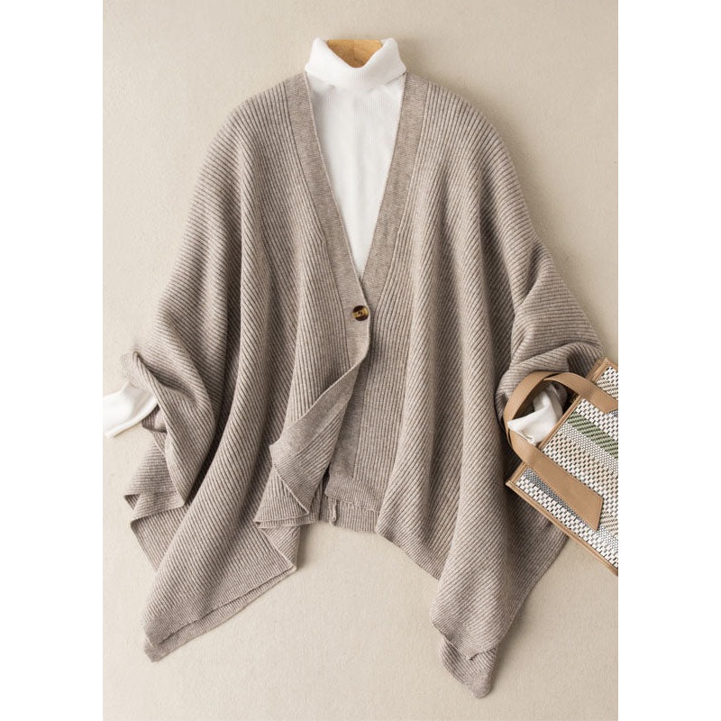 Elegant Oatmeal V Neck Button Cotton Knit Sweaters Cardigans Batwing Sleeve