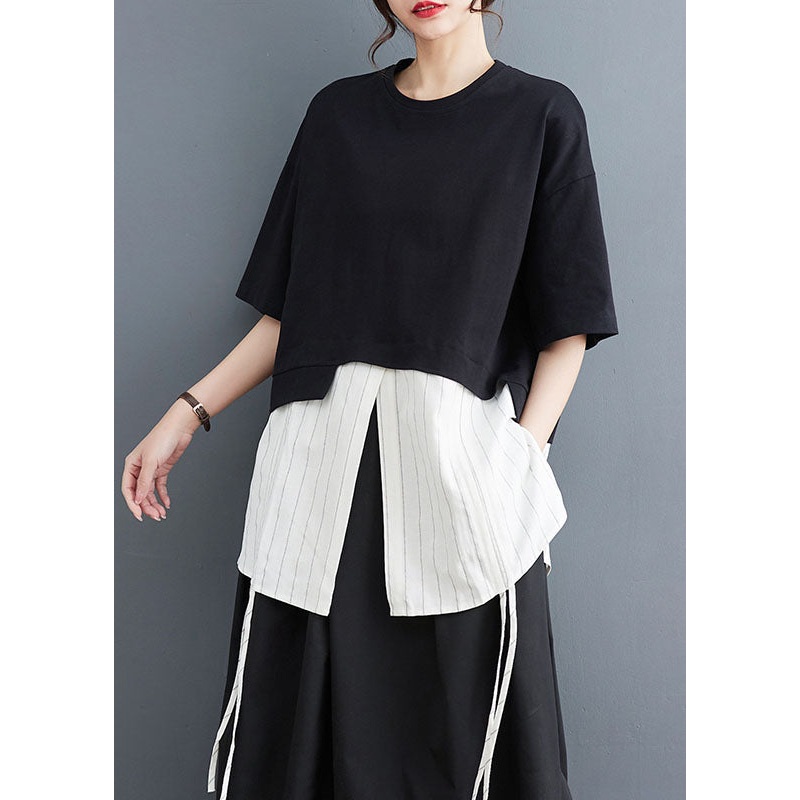 Fashion Black Striped Patchwork Fake Two Pieces Top Short Sleeve