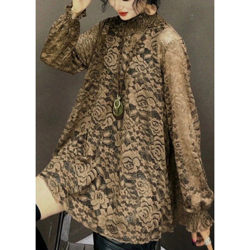 Fashion Versatile Korean Fit Long Sleeve Coffee Lace Top