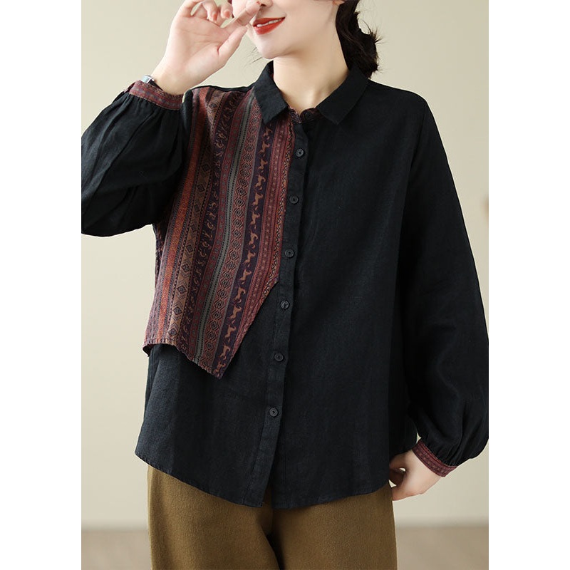 Fine Black Peter Pan Collar Print Button Linen Shirts Long Sleeve